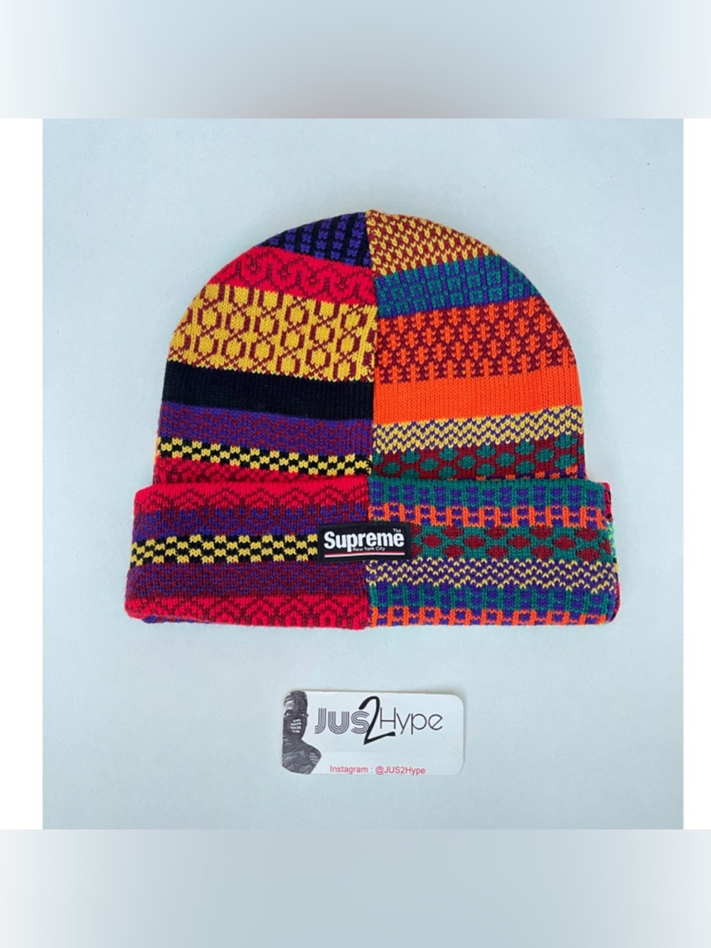 Supreme Rainbow Patchwork Knit Beanie with Logo Patch (USED)